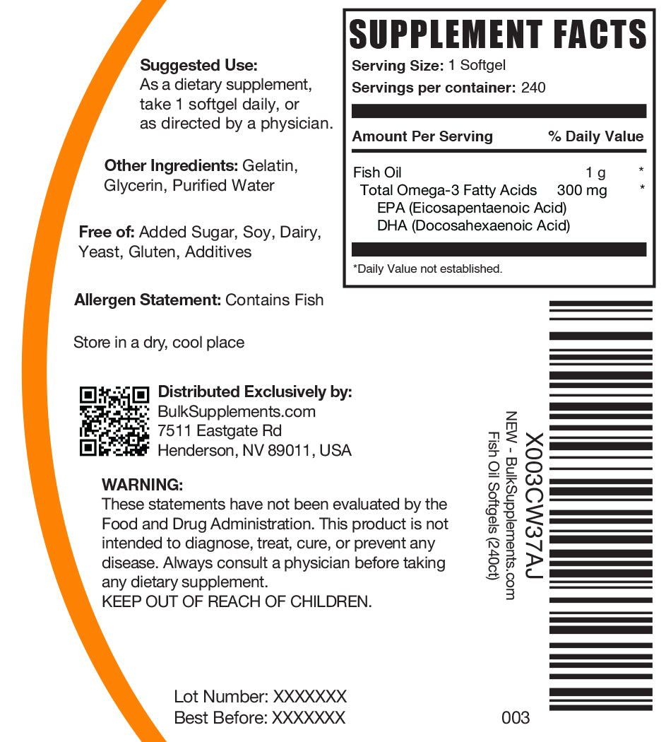 Fish oil softgels 1000mg 240 ct label