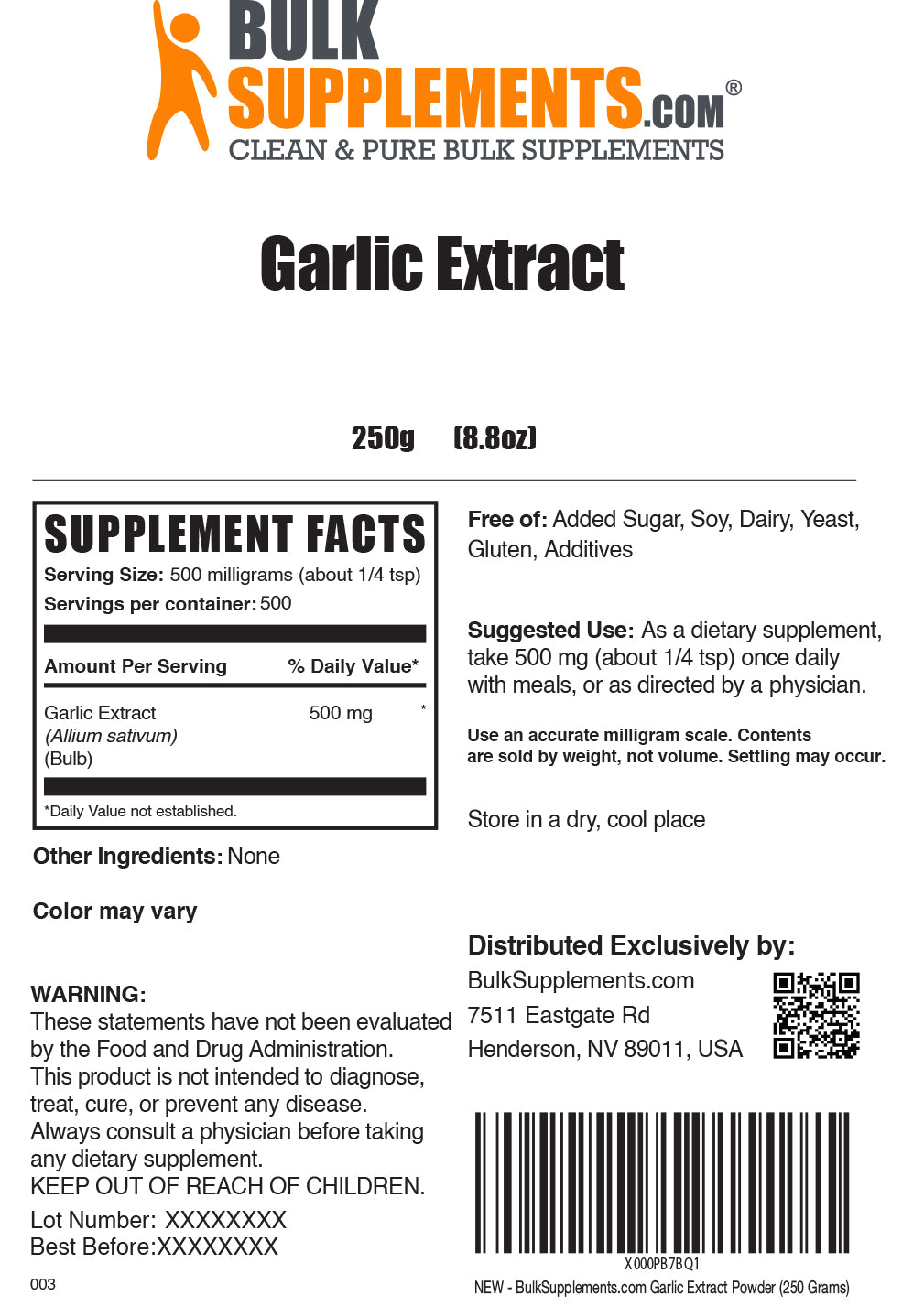 Garlic extract powder label 250g