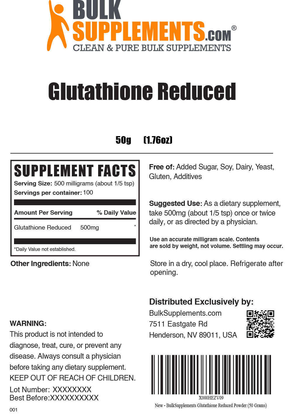Reduced Glutathione powder label 50g