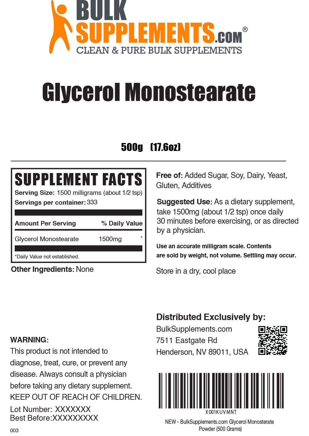 Glycerol Monostearate powder label 500g