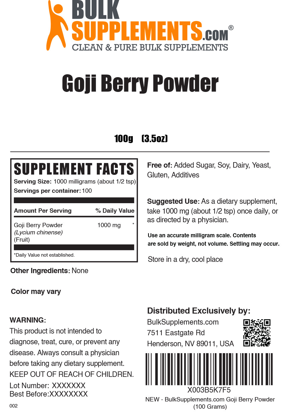 Goji berry powder label 100g