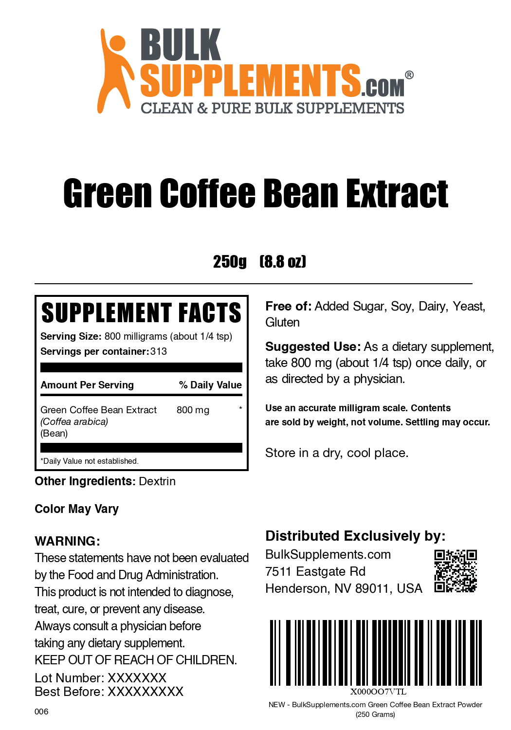 Green Coffee Bean Extract powder label 250g