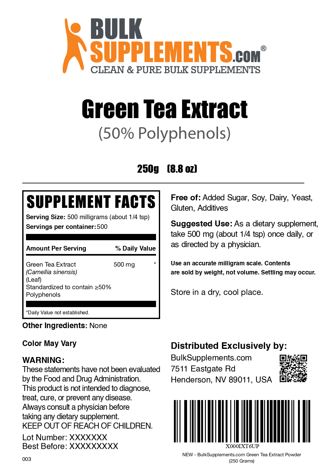 Green Tea Extract (50% Polyphenols) powder label 250g