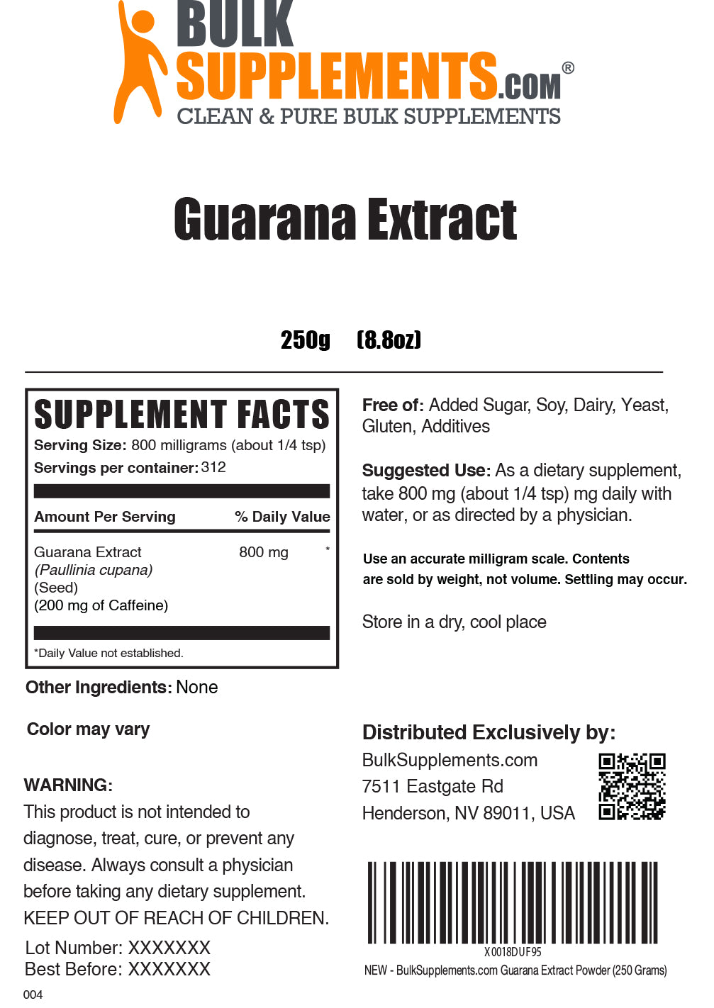 Guarana Extract powder label 250g