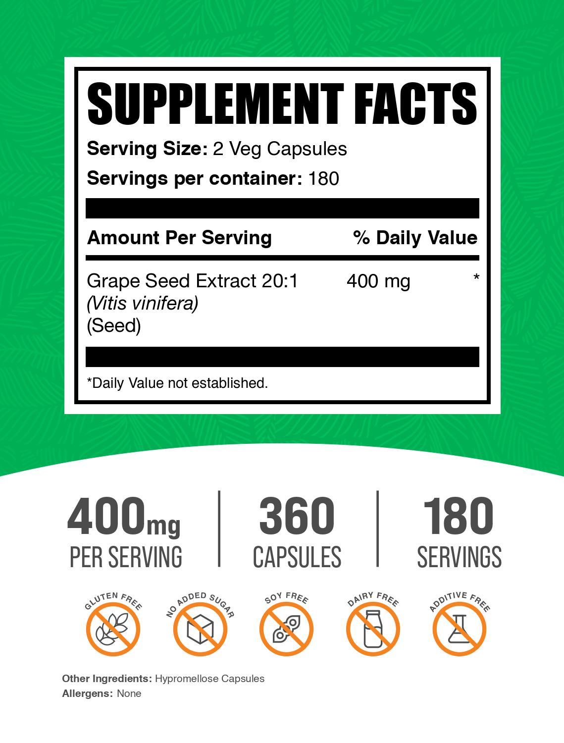 Grape Seed Extract 360ct 400mg label 