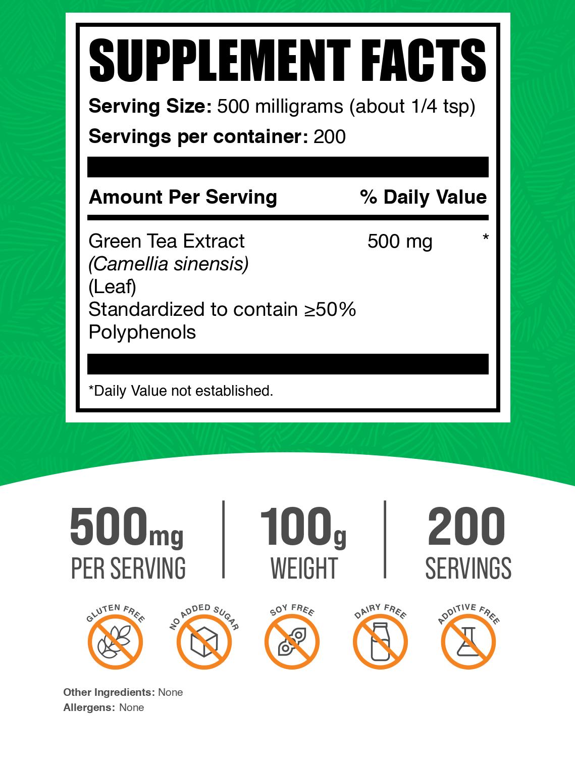 Green Tea Extract (50% Polyphenols) powder label 100g