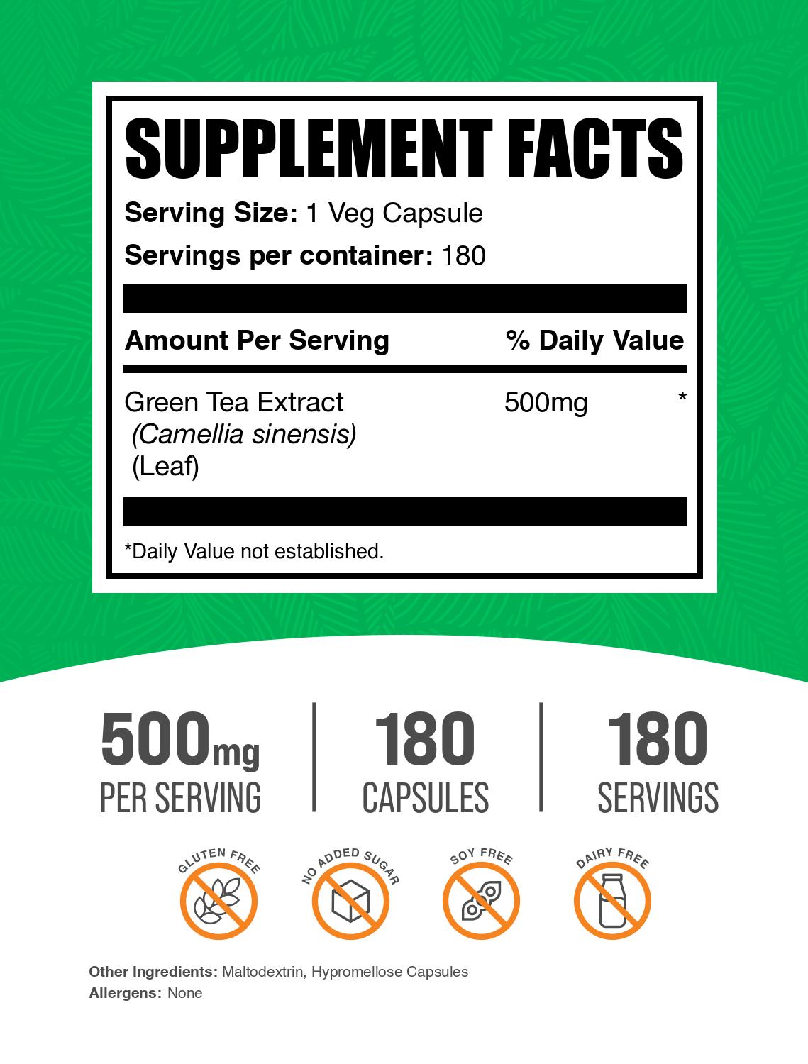 Green Tea Extract 180 capsules label