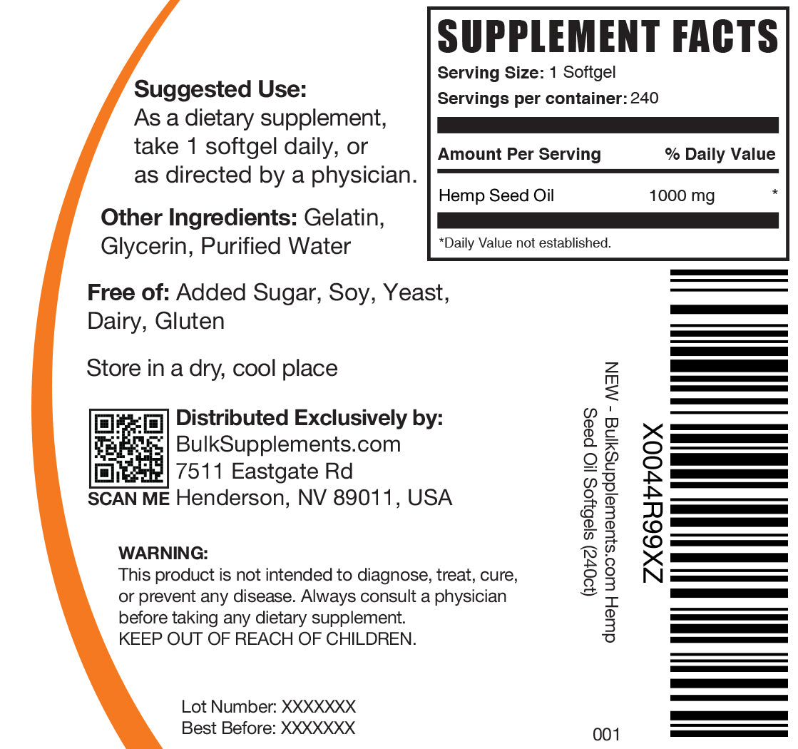 Hemp Seed Oil softgels 240ct label