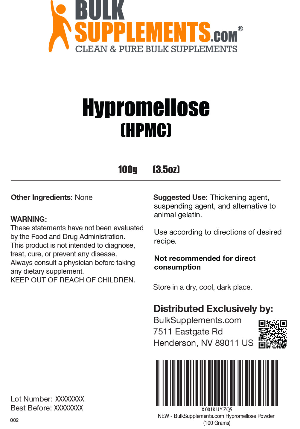 Hypromellose (HPMC) powder label 100g