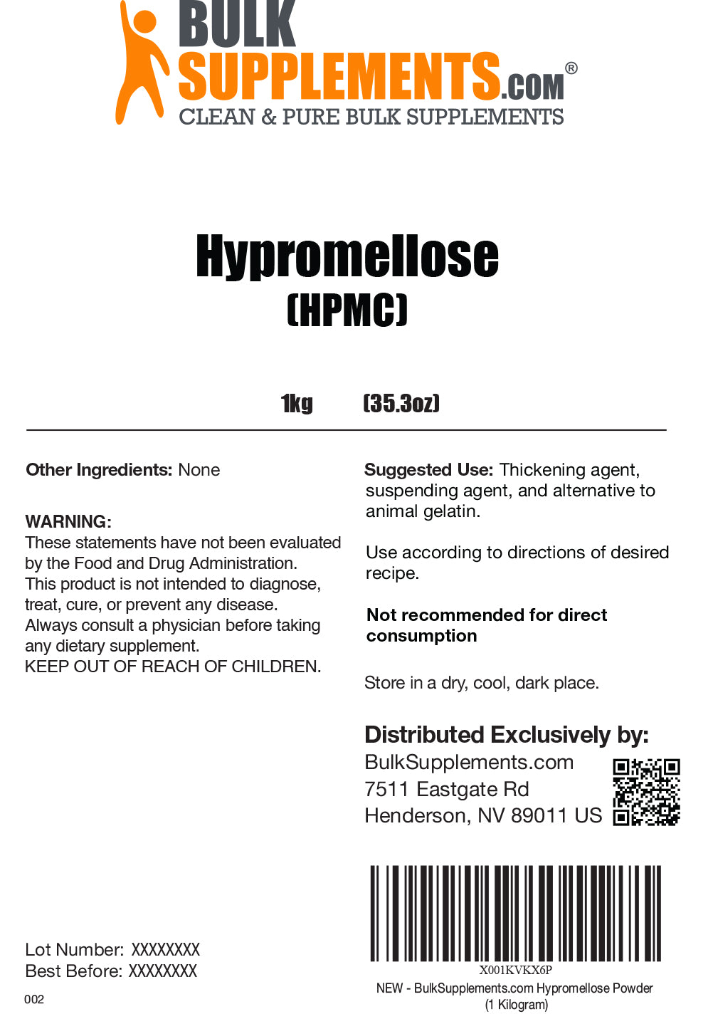 Hypromellose (HPMC) powder label 1kg