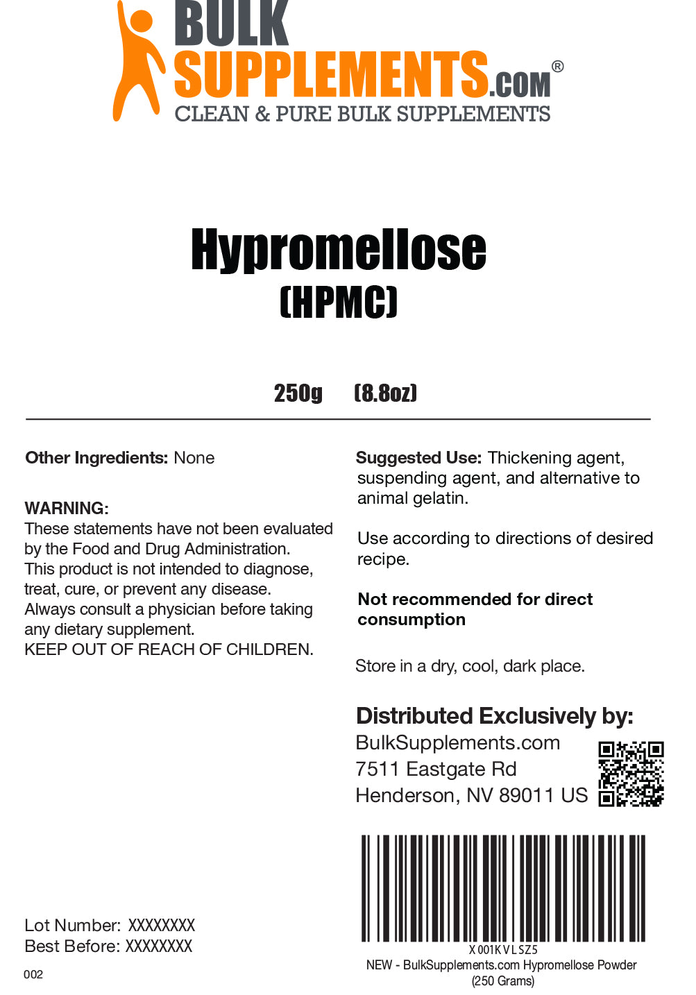 Hypromellose (HPMC) powder label 250g