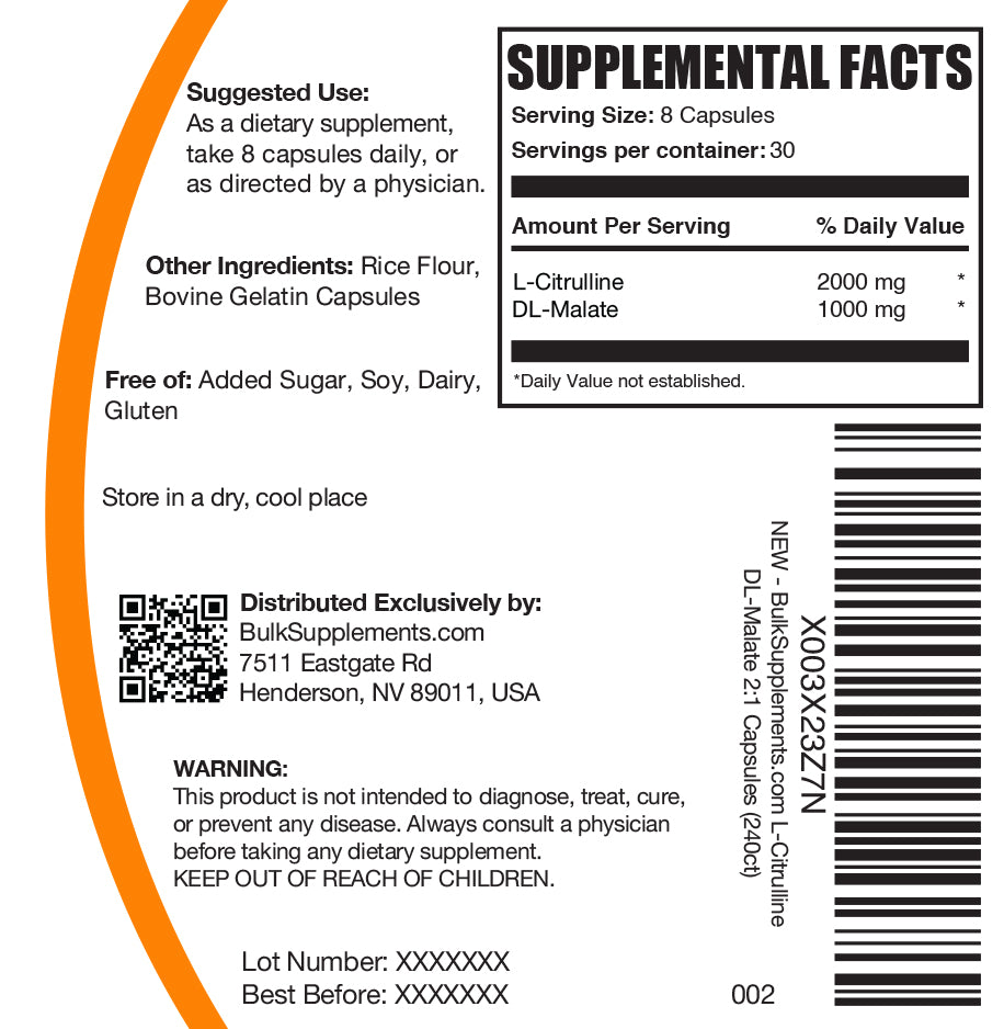 L-Citrulline DL-Malate 2:1 capsule label 240 ct