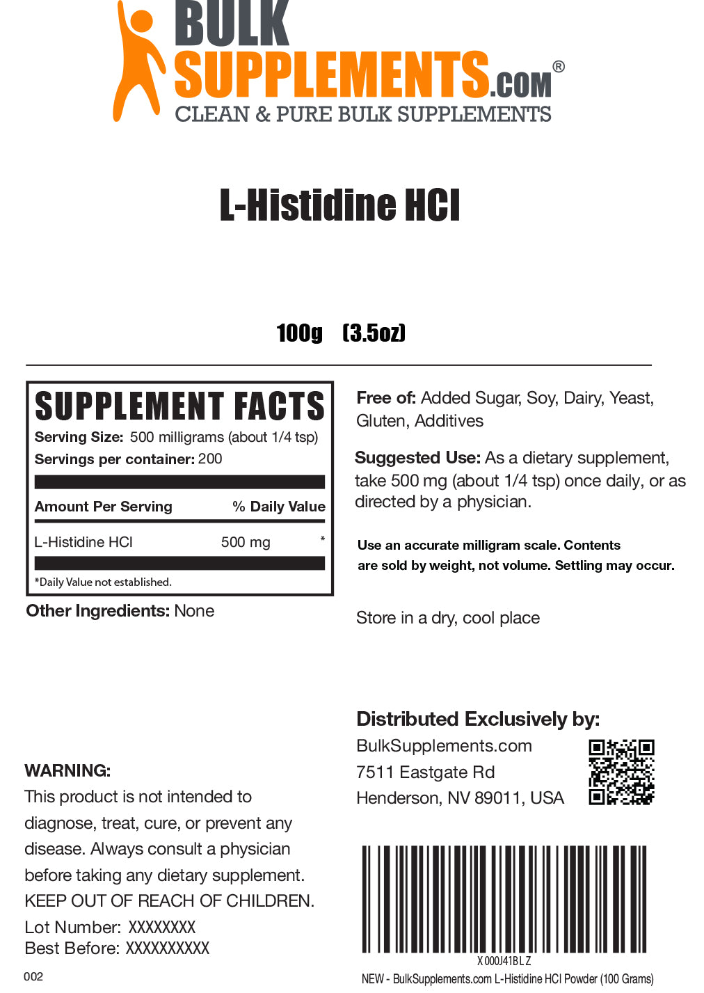 L-Histidine HCl powder label 100g