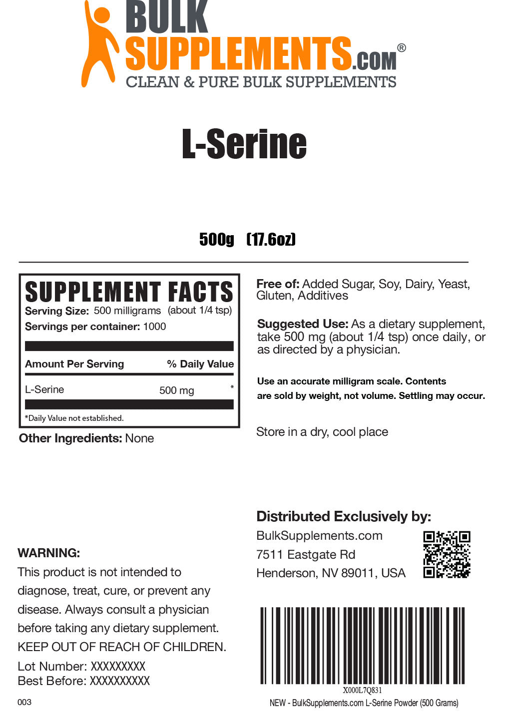 L-serine powder label 500g