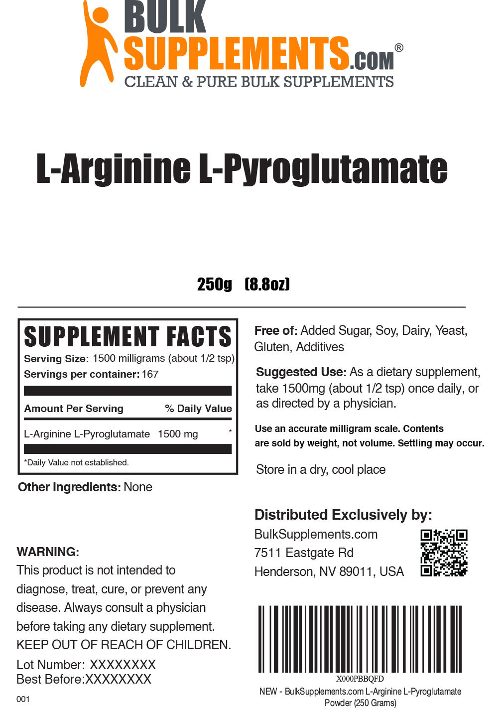 L-Arginine L-Pyroglutamate powder label 250g