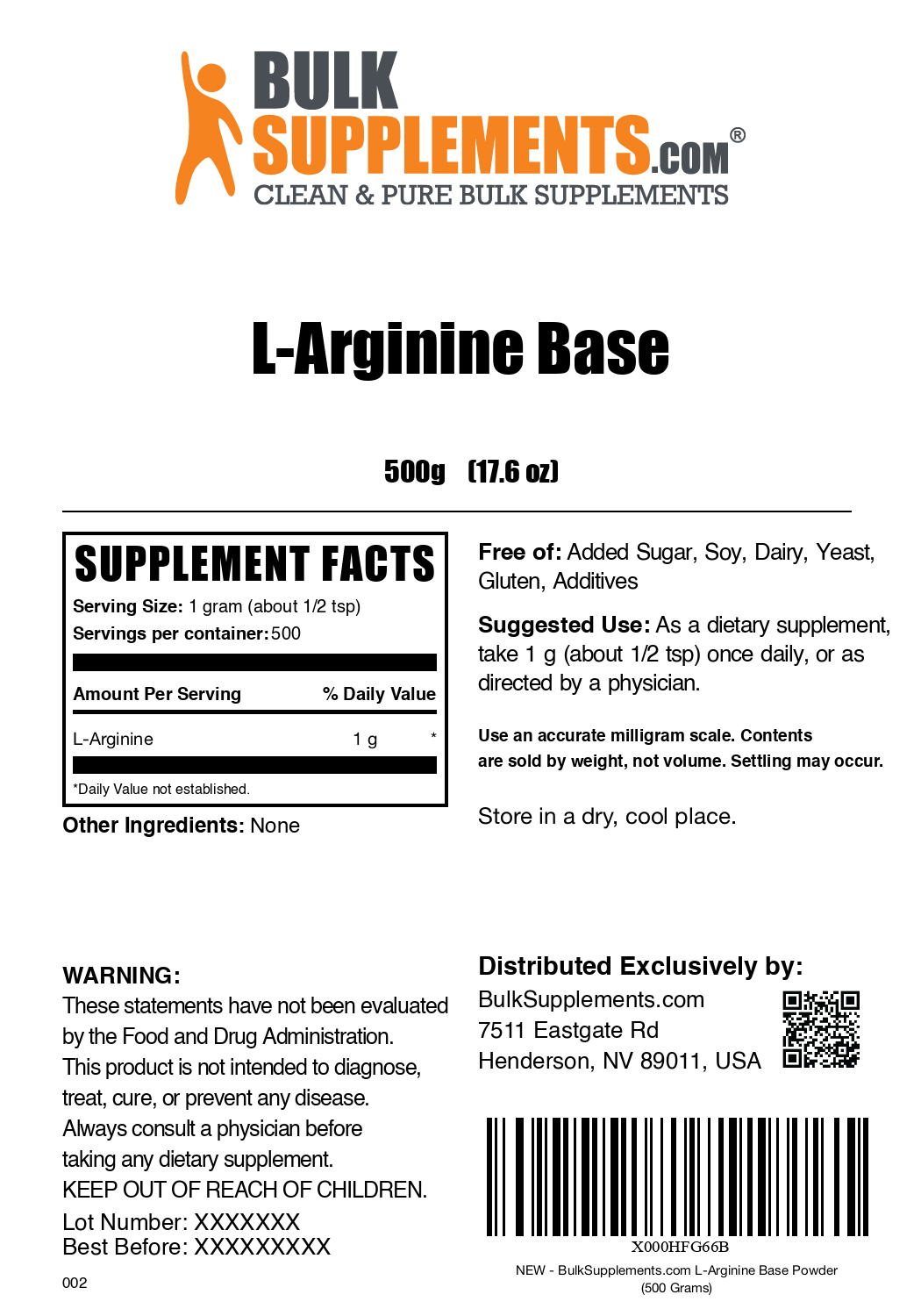 L-Arginine powder label 500g