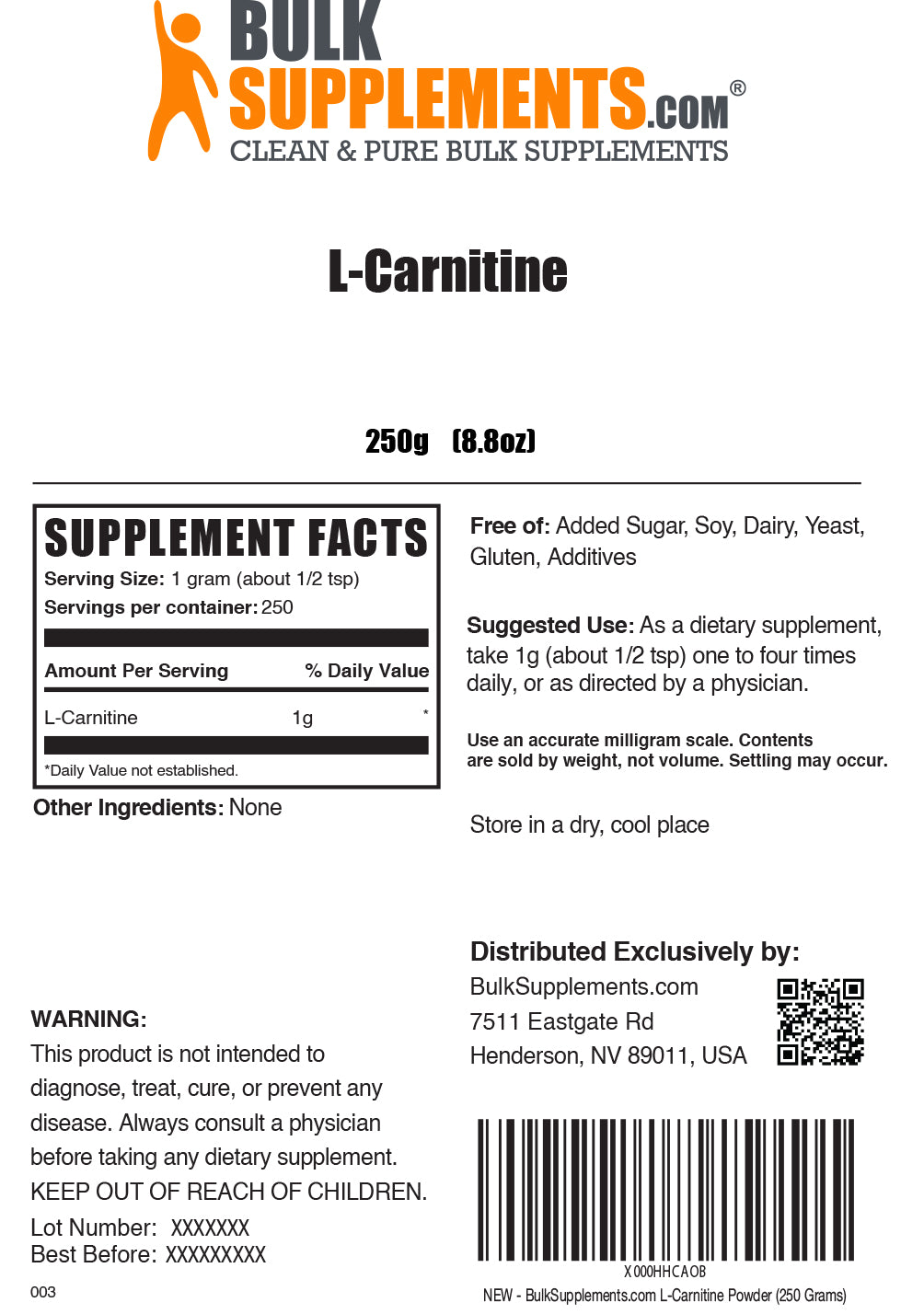 L-Carnitine powder label 250g