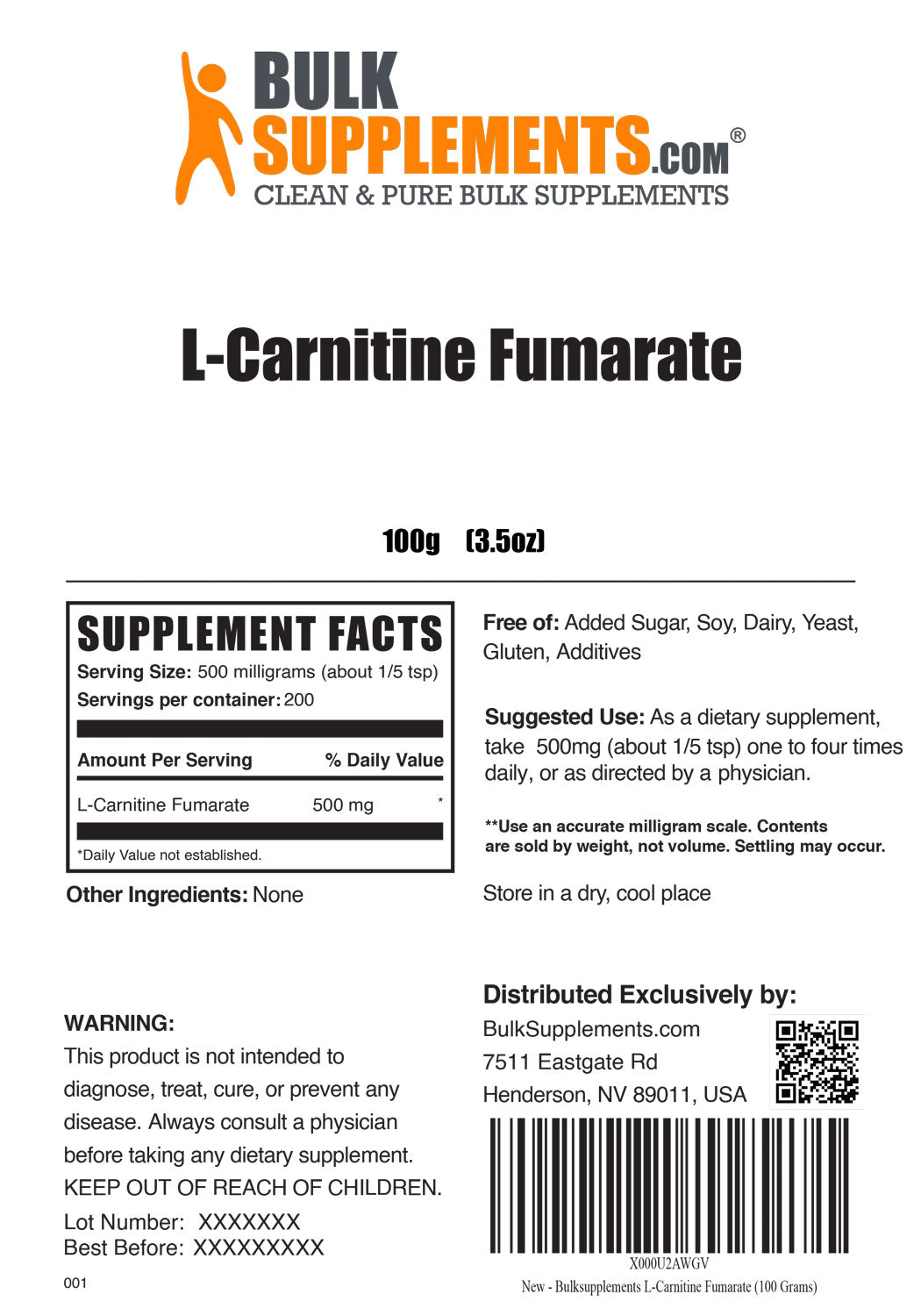L-Carnitine Fumarate powder label 100g