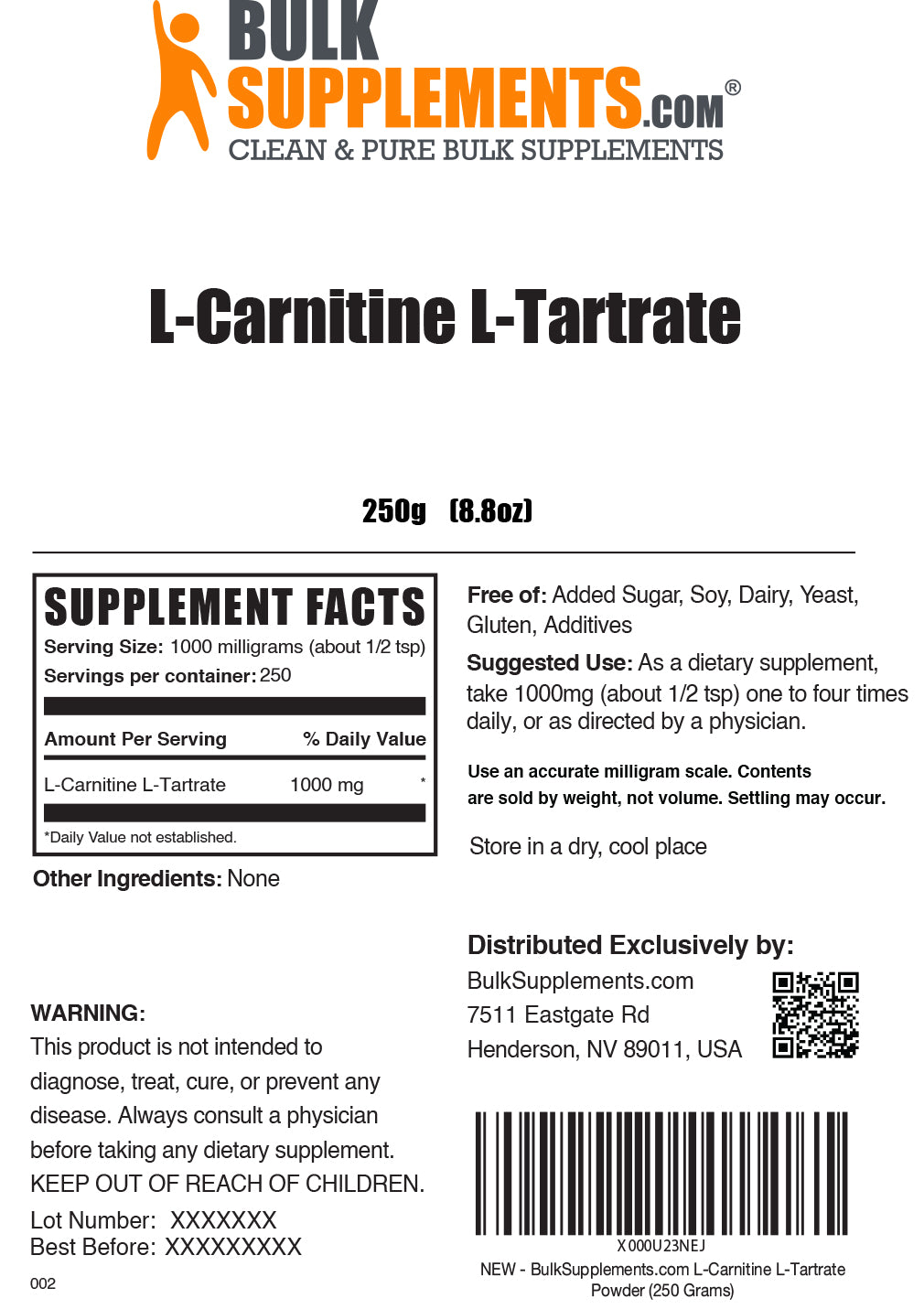 L-Carnitine L-Tartrate powder label 250g