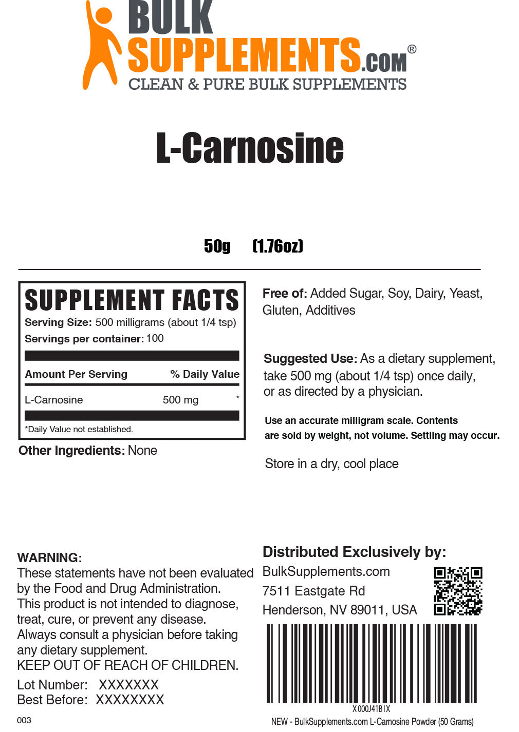 L-Carnosine powder label 50g