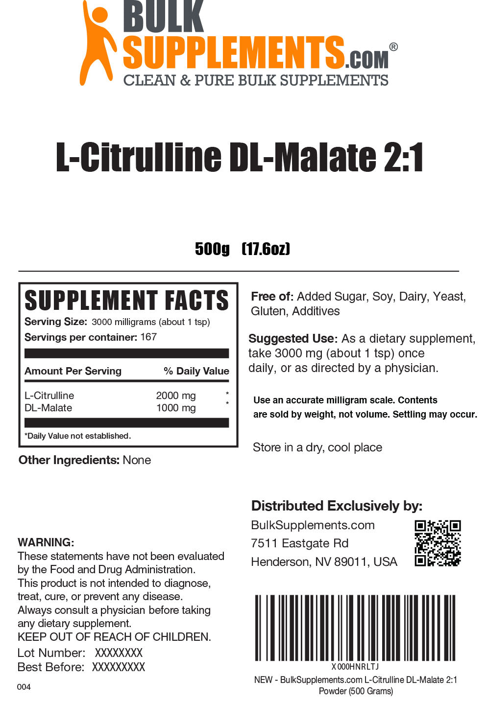 L-Citrulline DL-Malate 2:1 Powder label 500g