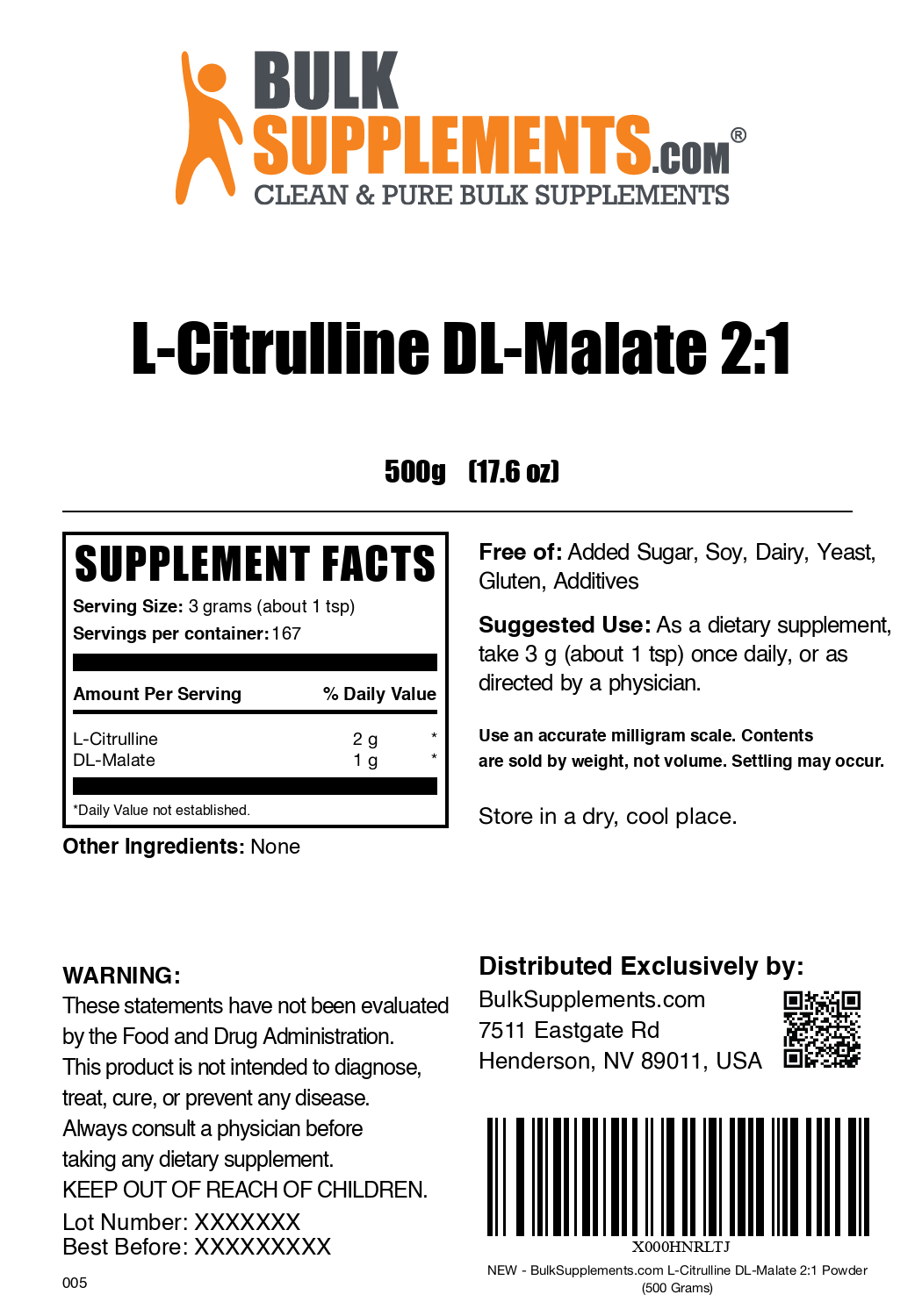 L-Citrulline DL-Malate 2:1 powder label 500g