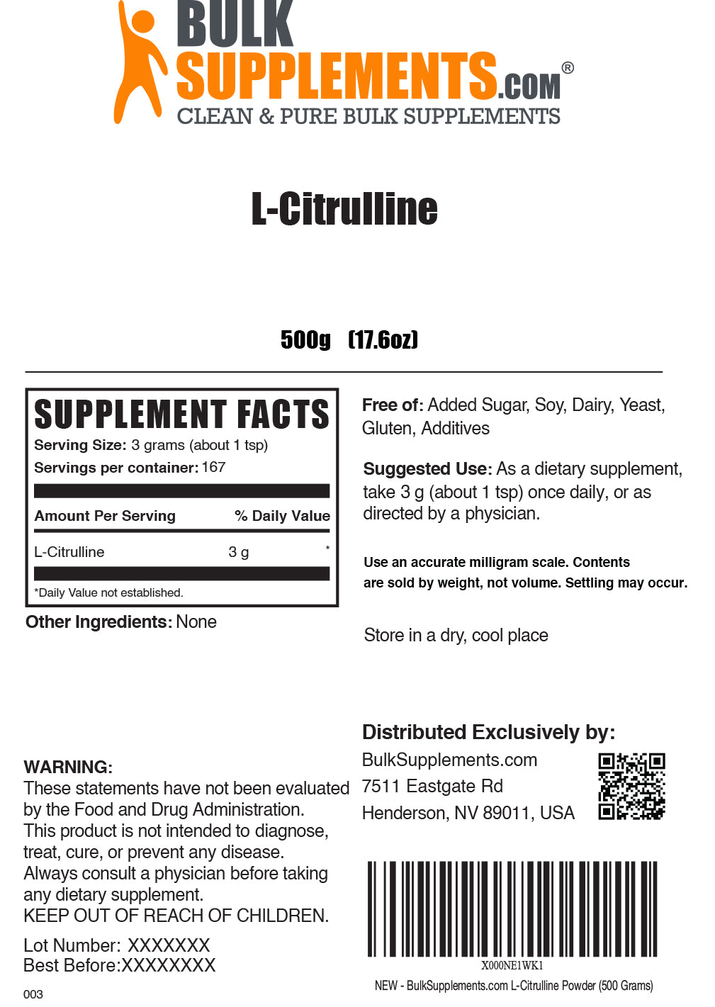 L-Citrulline powder label 500g