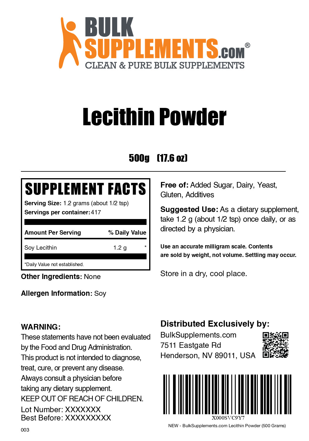 Soy lecithin powder label 500g