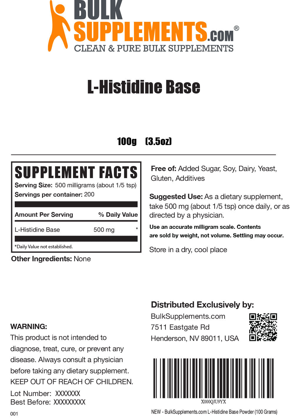 L-Histidine Base powder label 100g