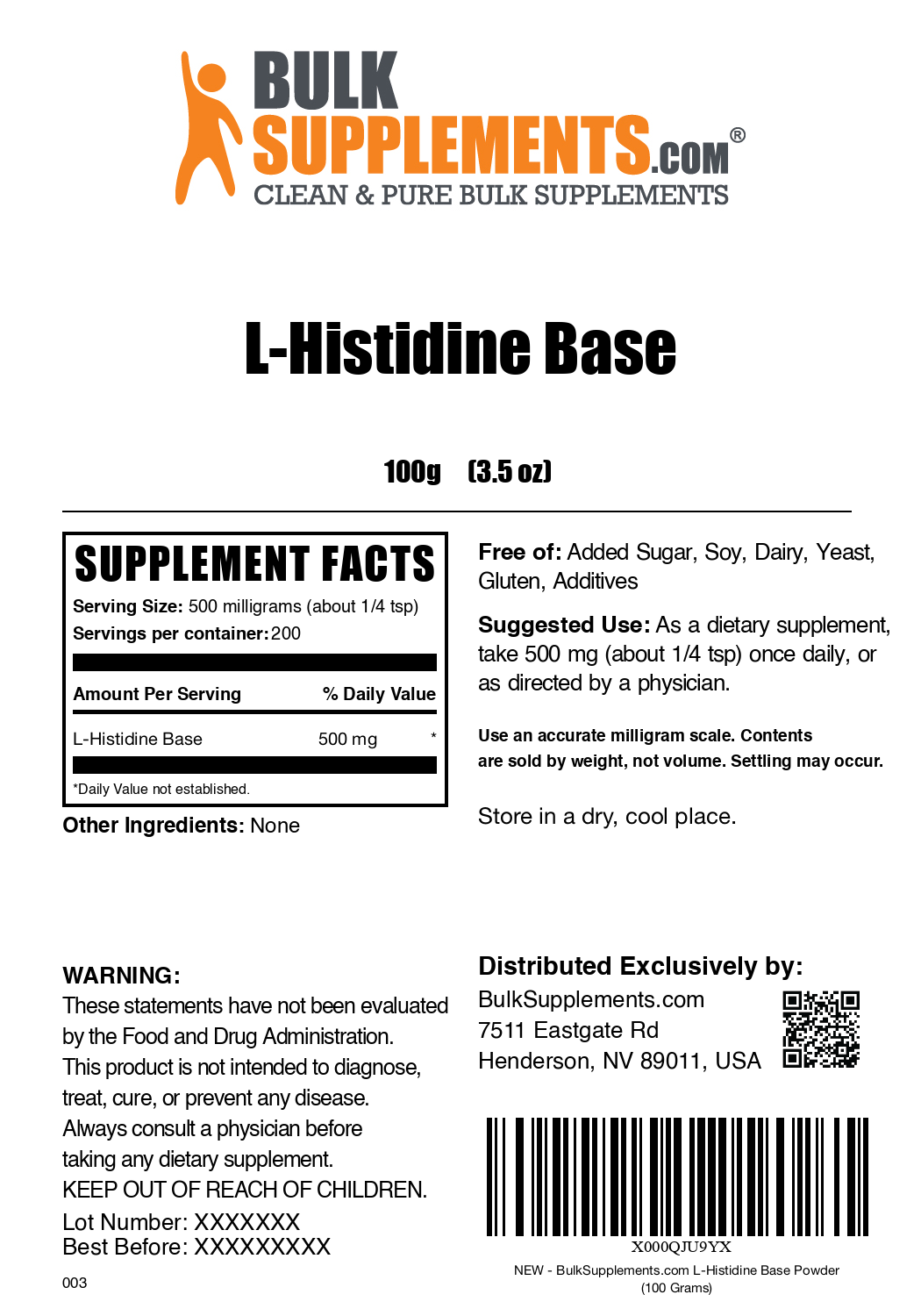 L-Histidine Base Powder label 100g