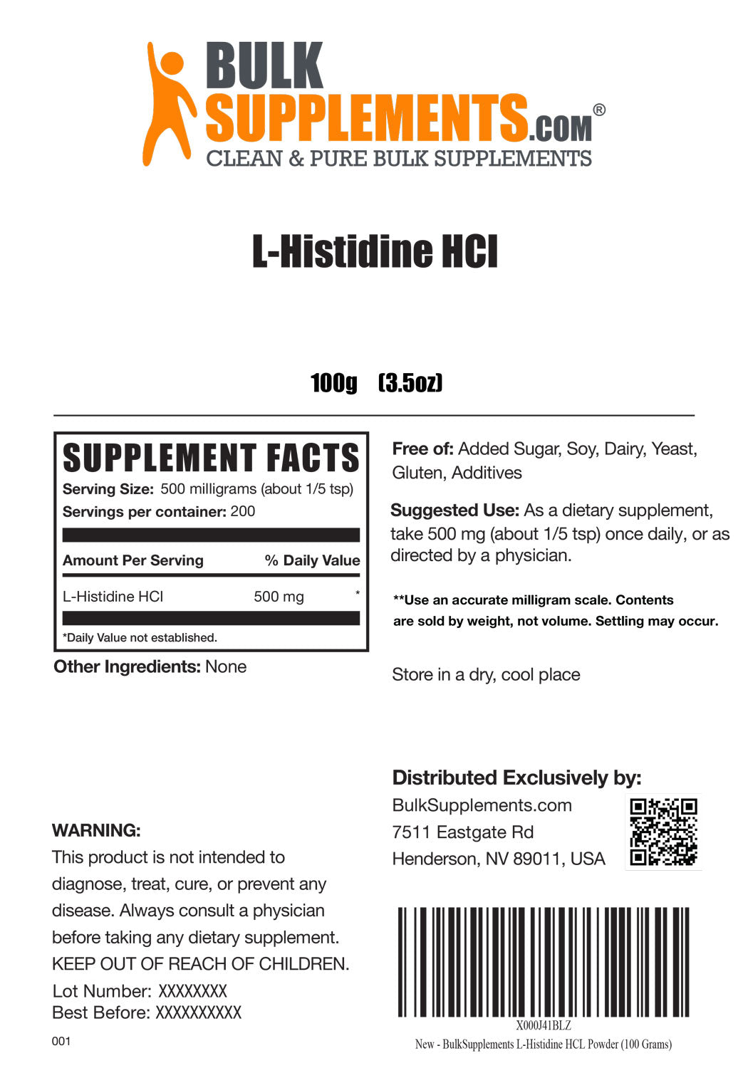 L-Histidine HCl powder label 100g