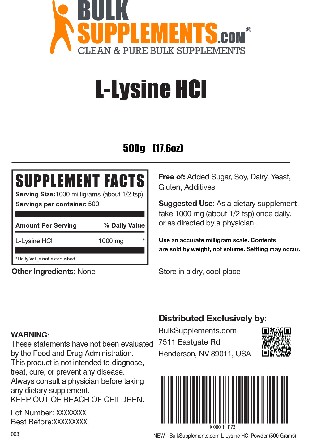 L-Lysine HCl powder label 500g