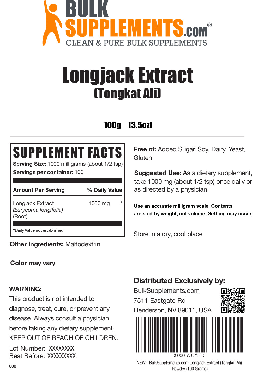 Longjack extract powder label 100g