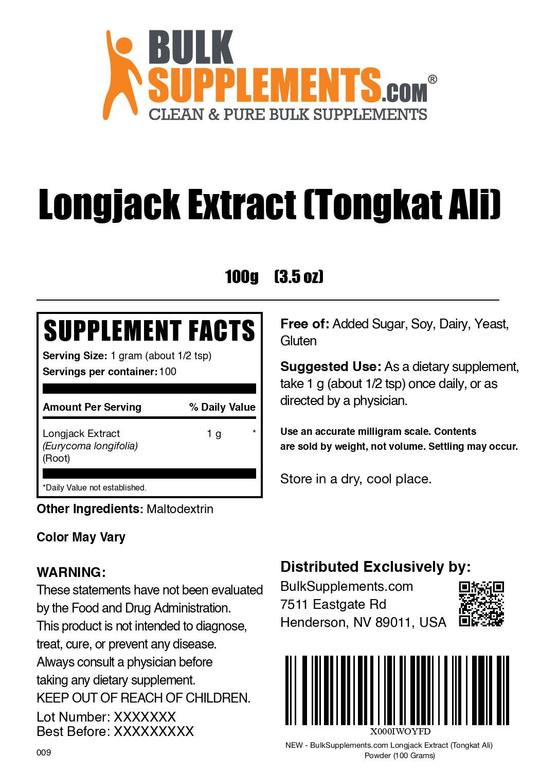 Longjack extract powder label 100g