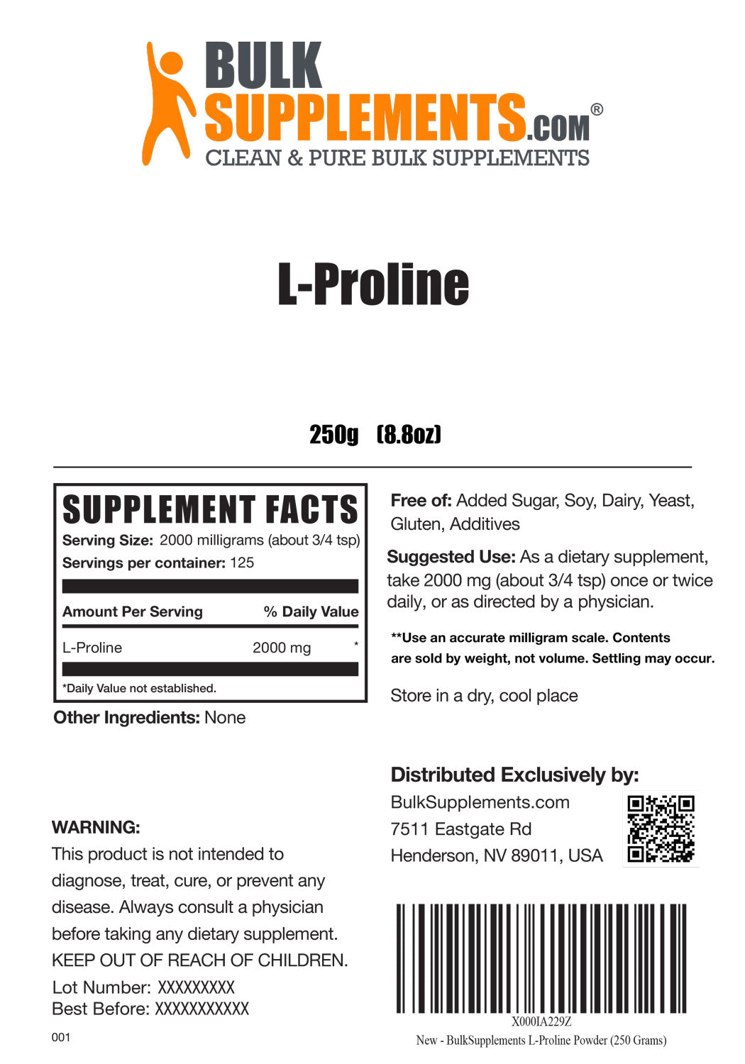 L-Proline powder label 250g
