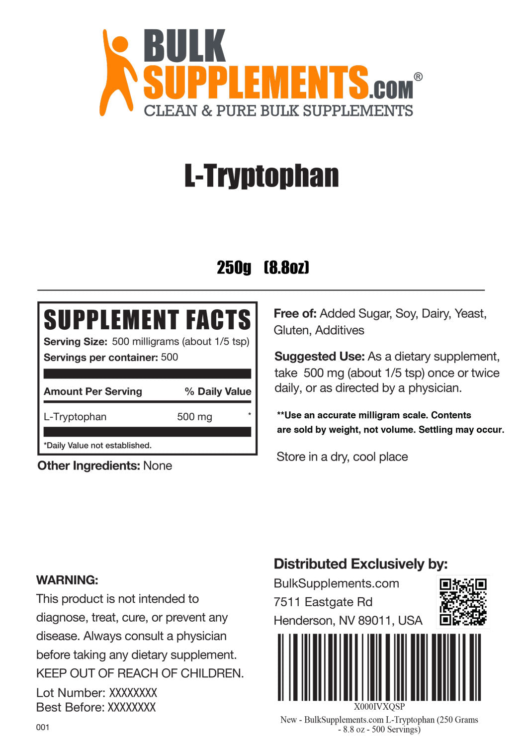 L-Tryptophan powder label 250g