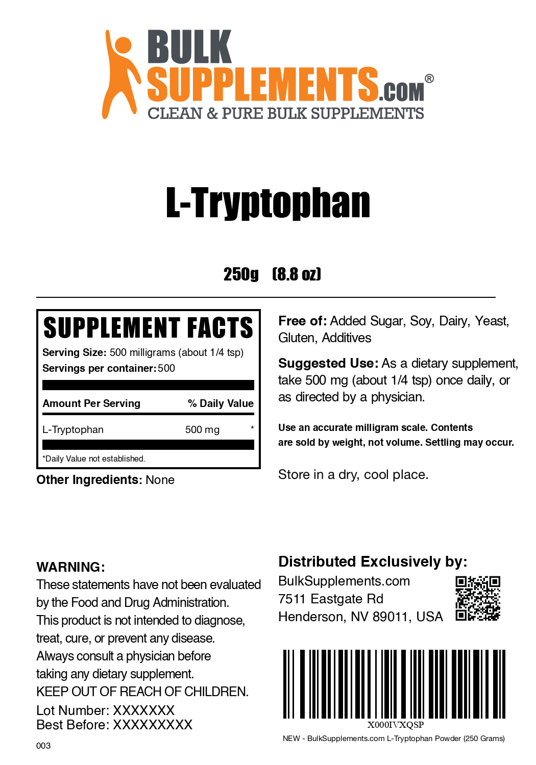 L-Tryptophan powder label 250g