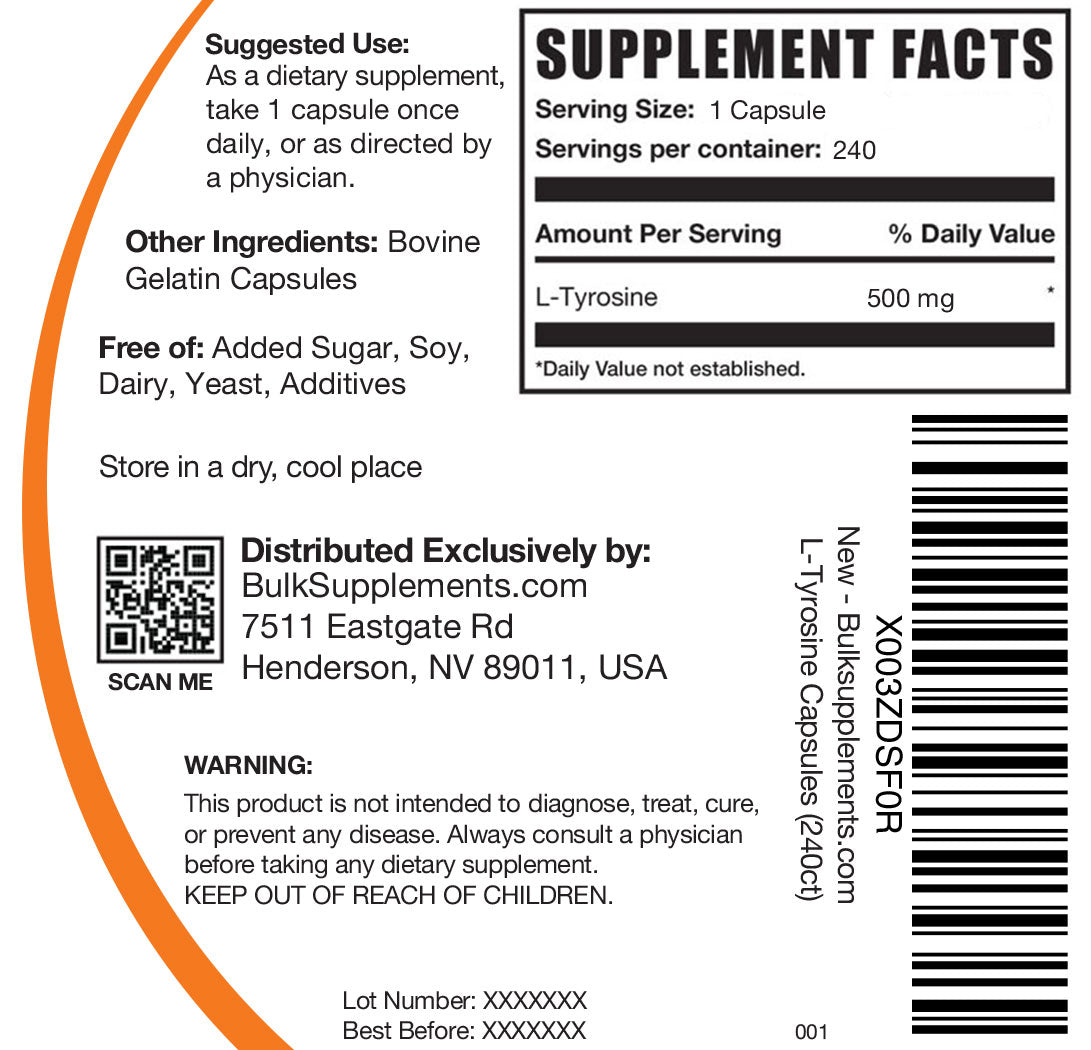 L-Tyrosine capsules label 240 ct