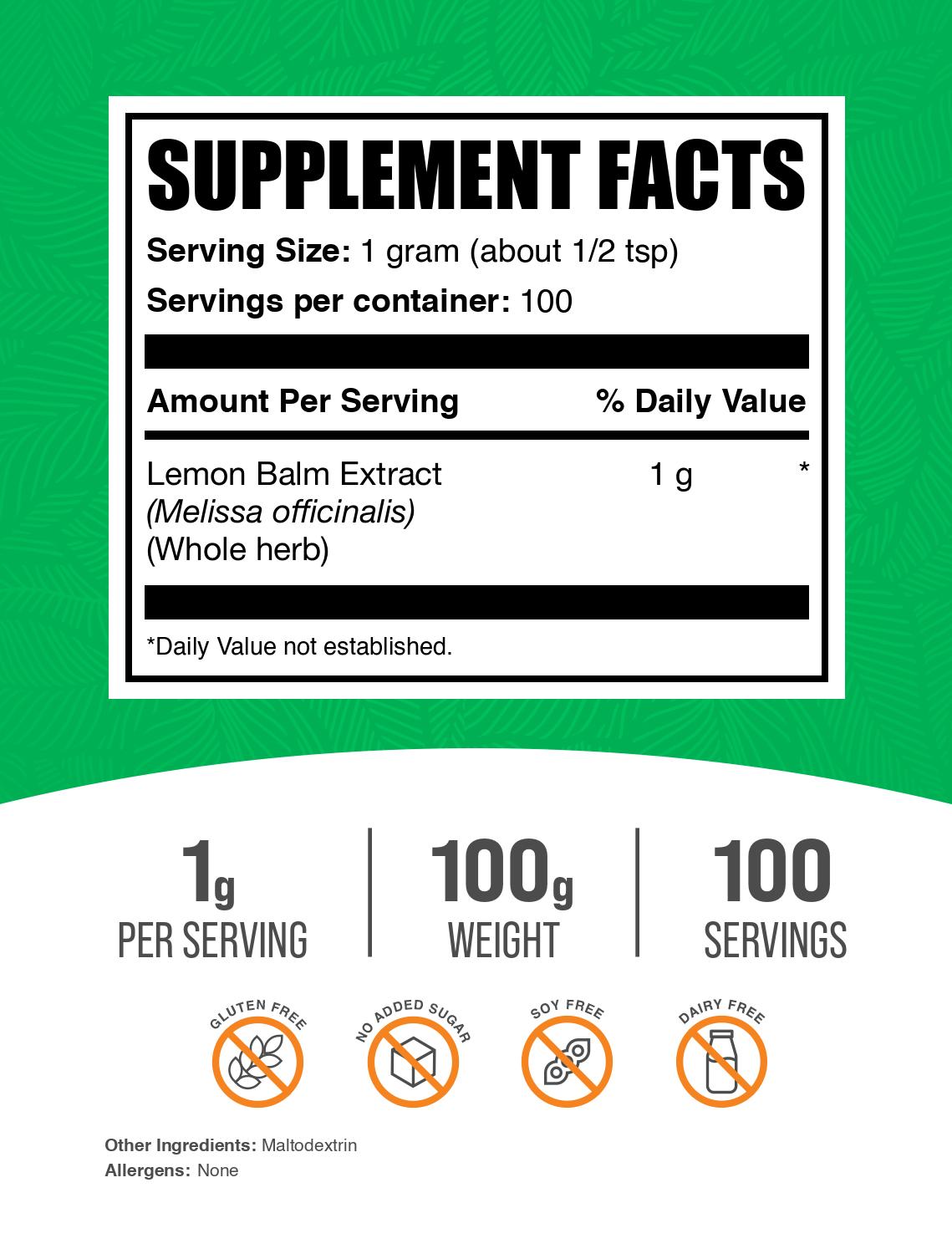 Lemon balm extract powder label 100g