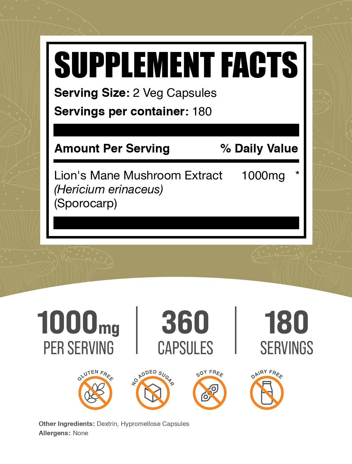 Lion's Mane Mushroom Extract 360 capsules label