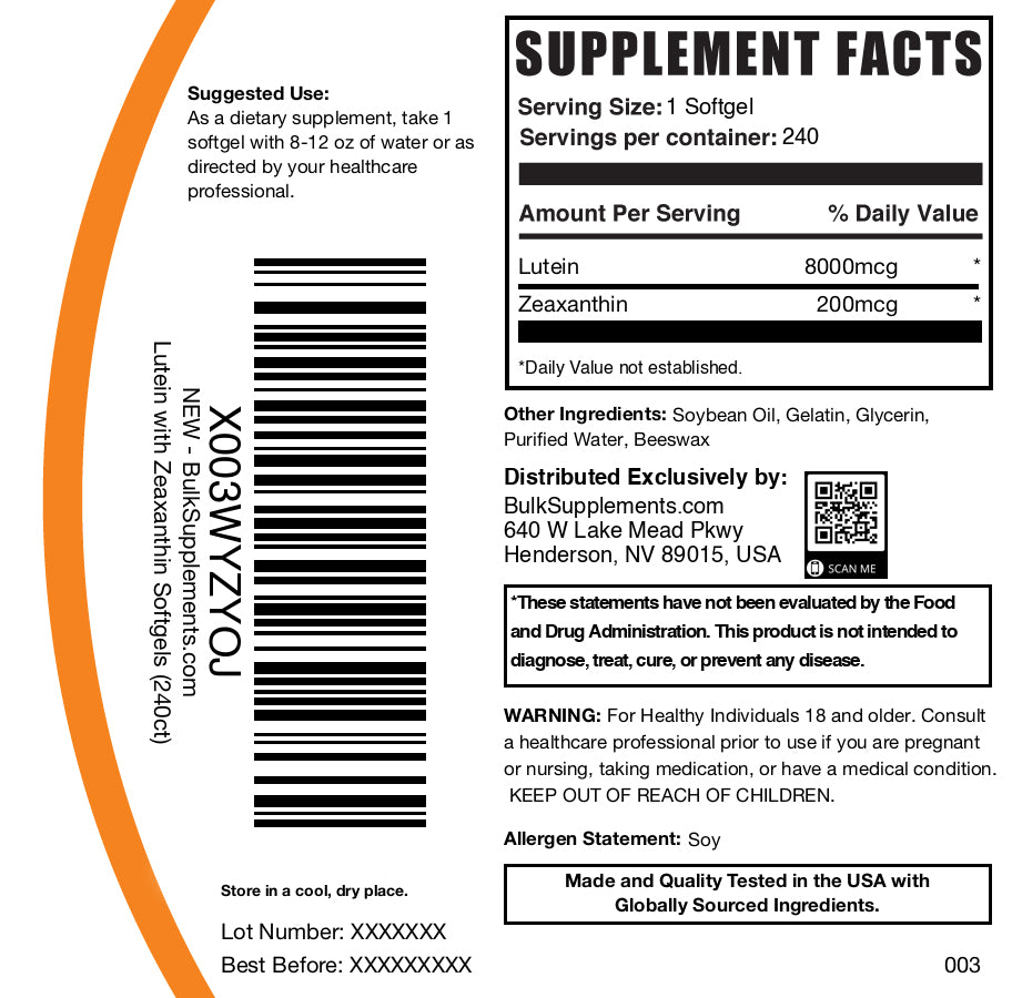 Lutein with zeaxanthin 240 softgels label