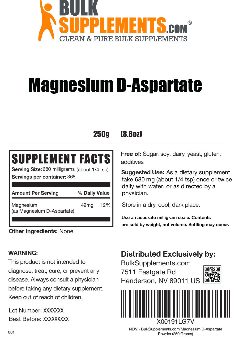 Magnesium D-Aspartate powder label 250g