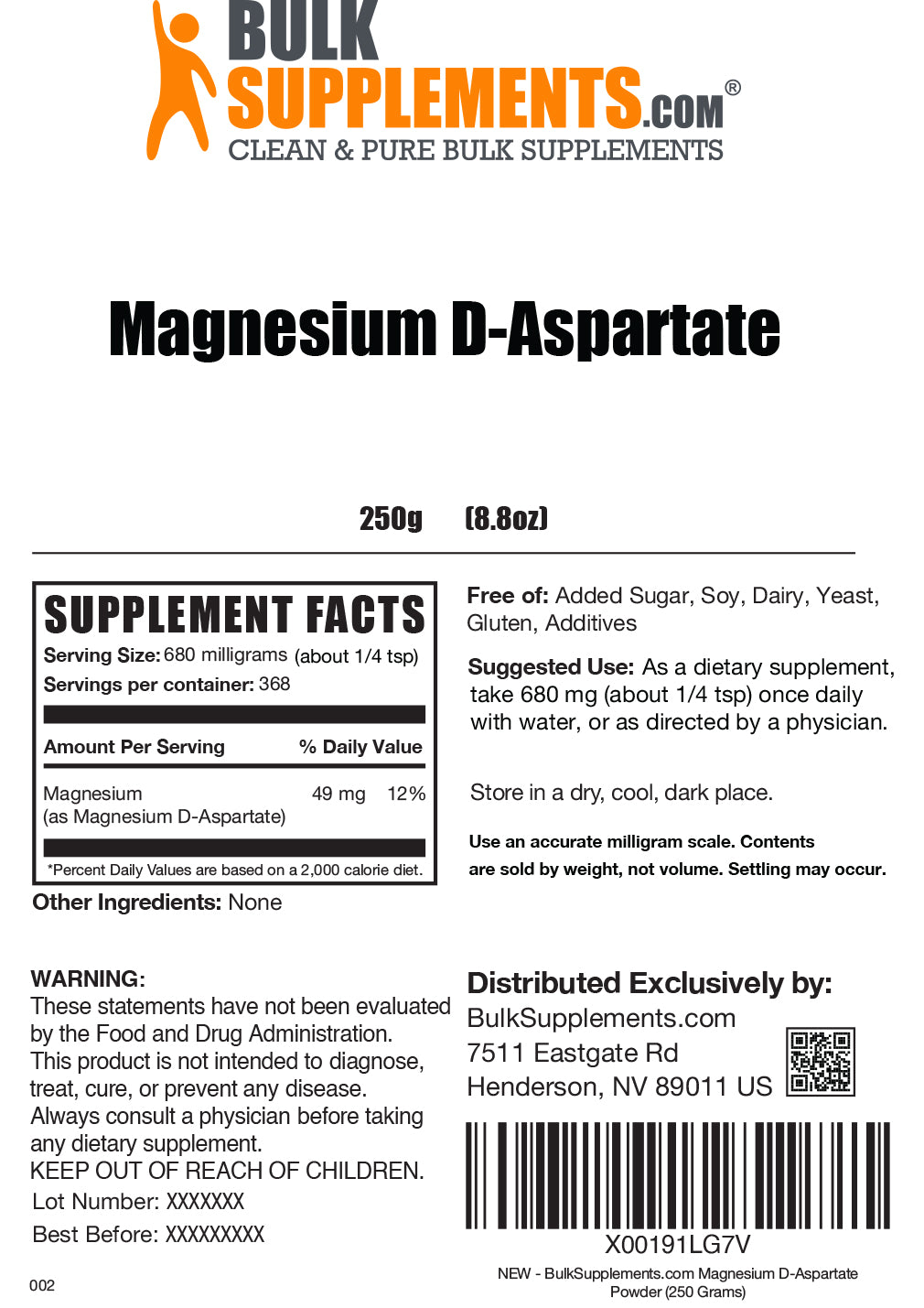 Magnesium D-Aspartate powder label 250g