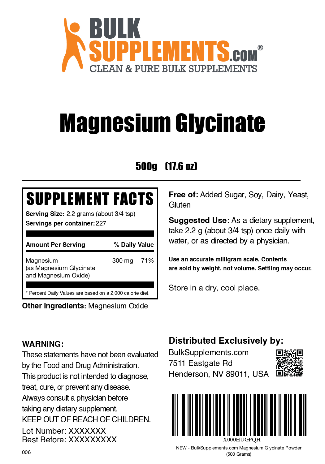 Magnesium Glycinate powder label 500g