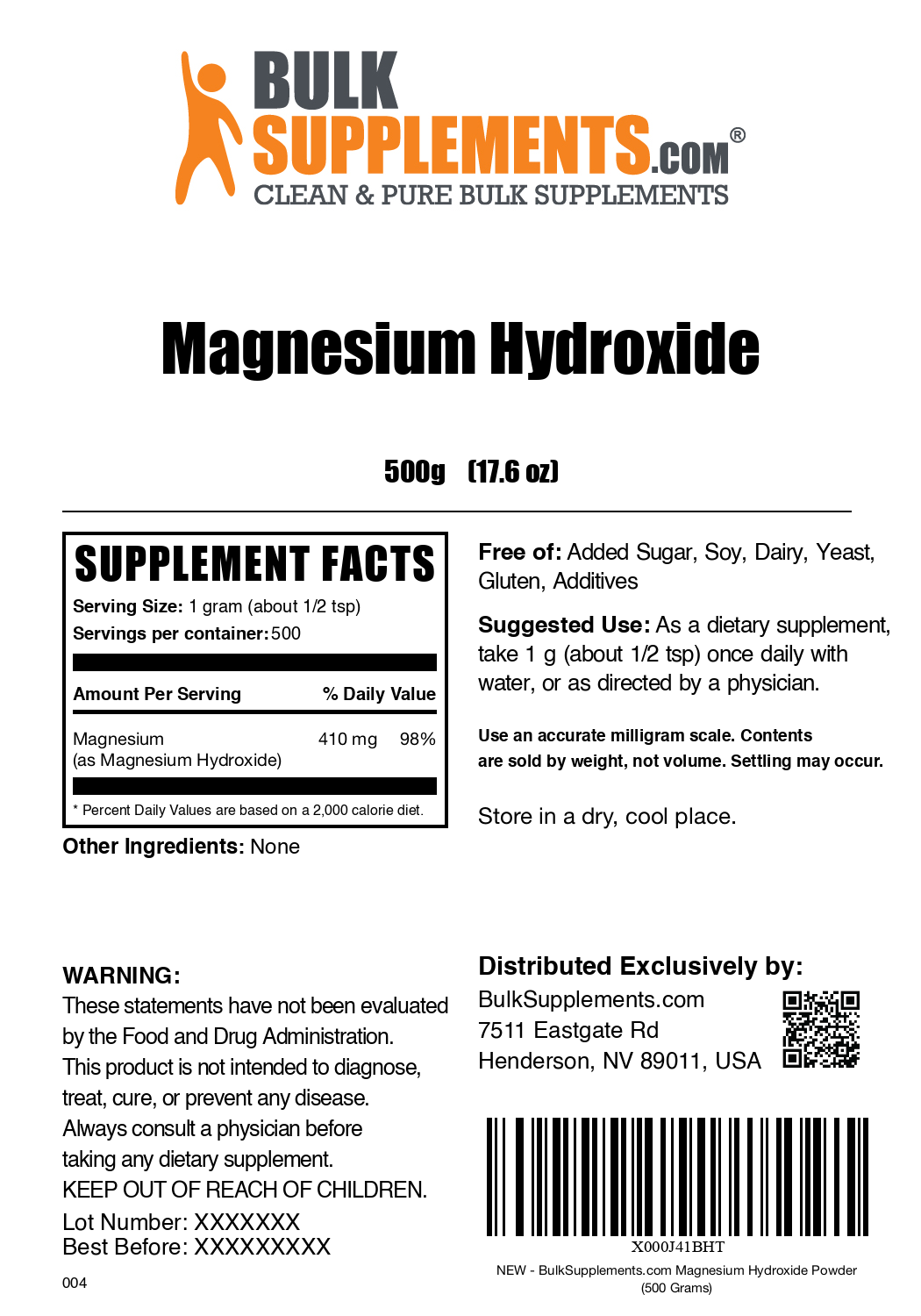 Magnesium hydroxide powder label 500g