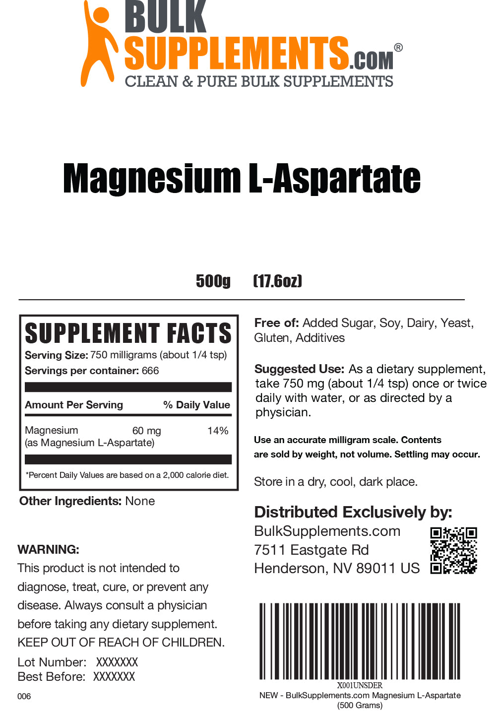 Magnesium L-Aspartate powder label 500g