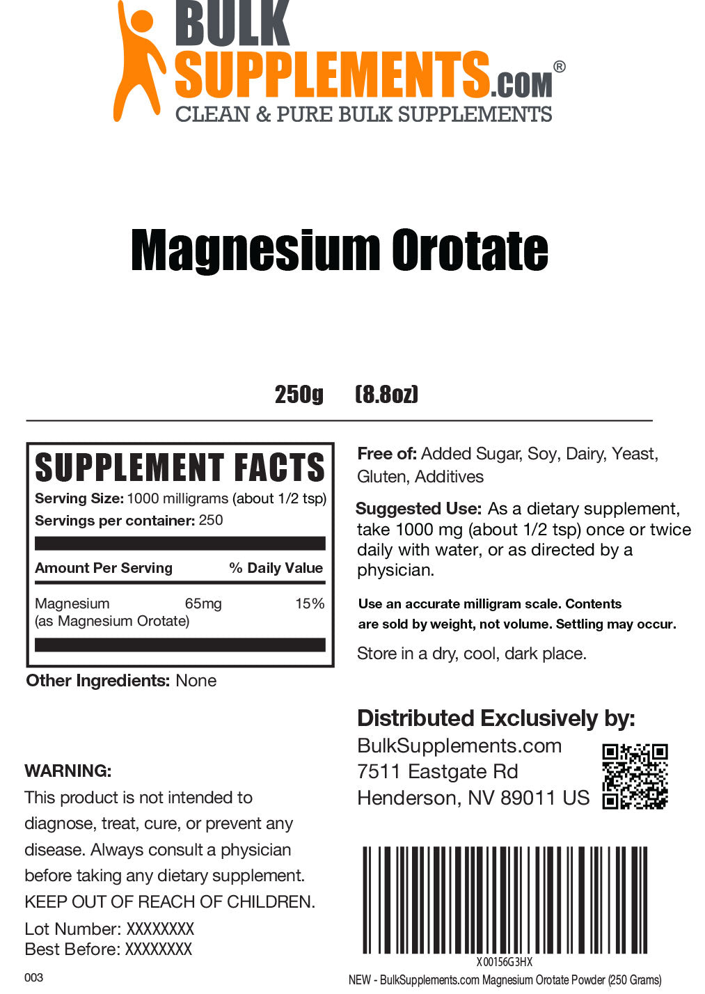 Magnesium Orotate powder label 250g