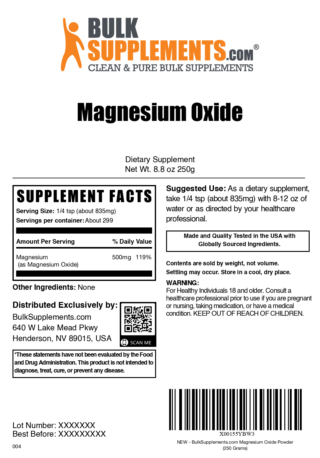 Magnesium Oxide powder label 250g