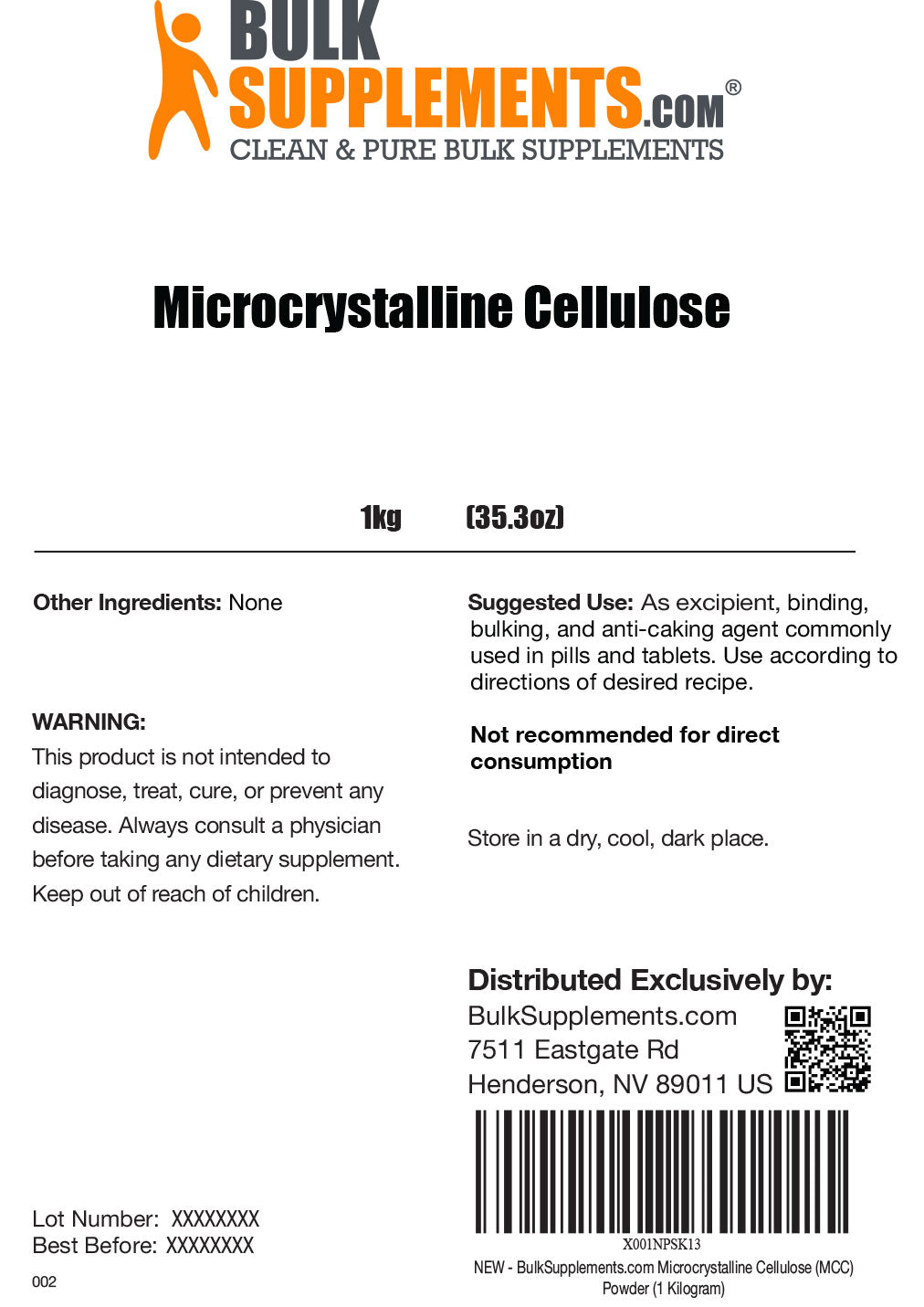 Microcrystalline Cellulose powder label 1kg