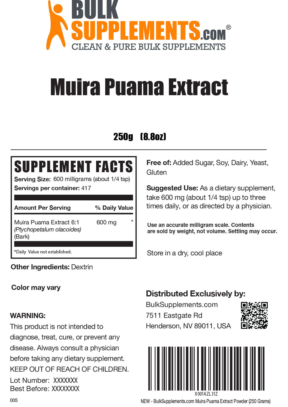 Muira Puama Extract powder label 250g